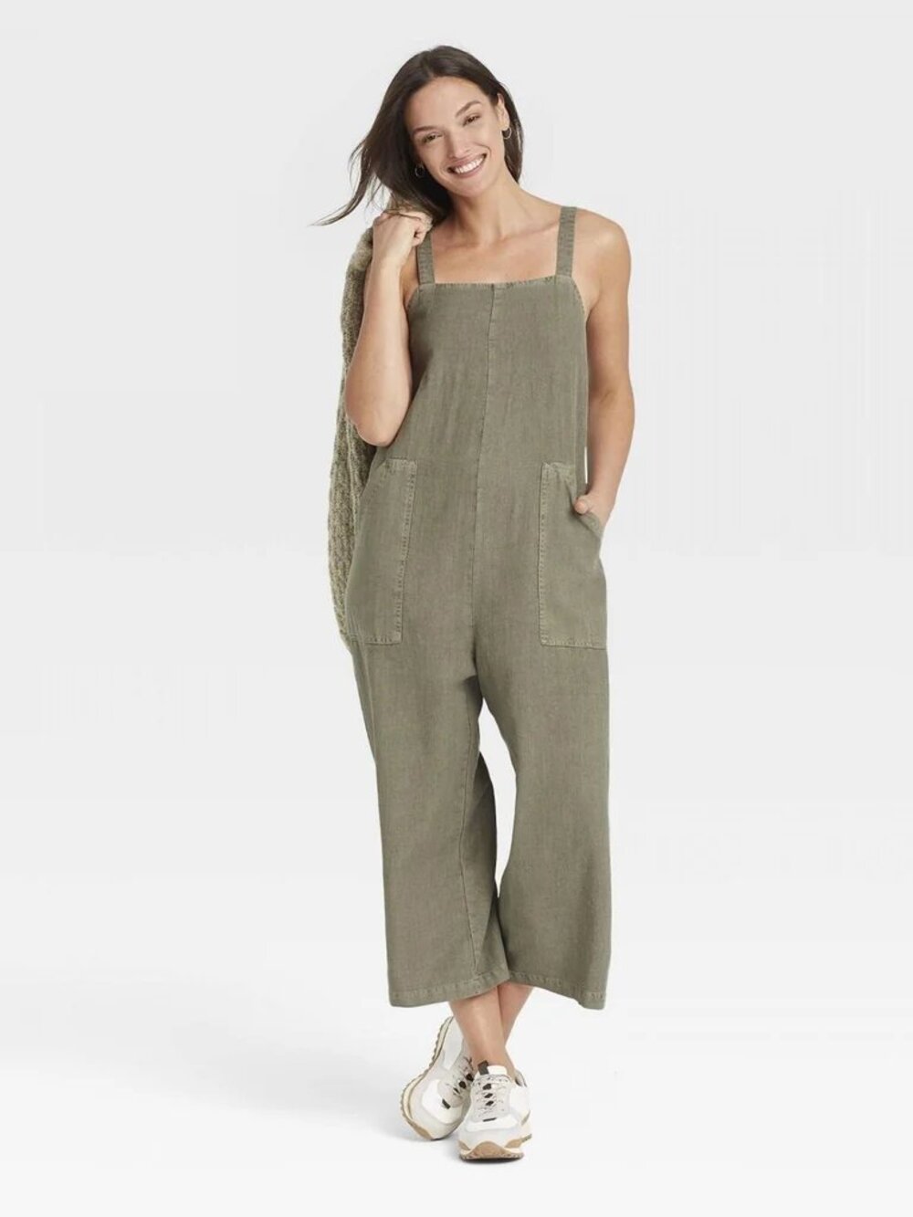Universal Thread Linen Blend Wide Leg Cropped Jumpsuit XS Olive Green